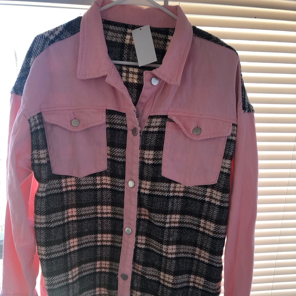 Anna- Kaci Woman's Plaid button front shirt Jacket. Pink and Black Plaid Jacket